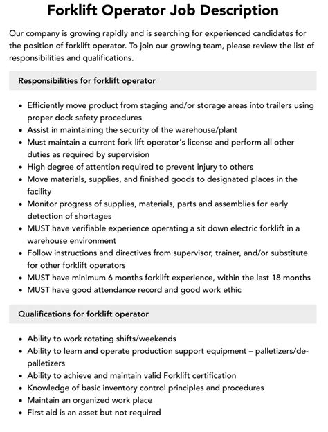 Forklift Operator Job Description