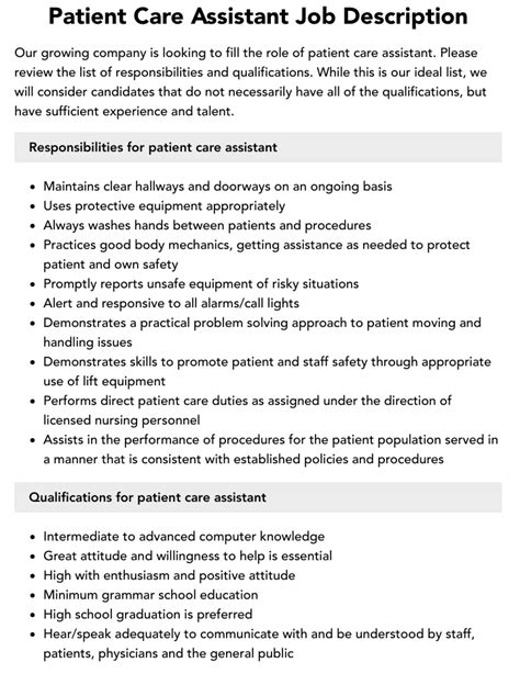 Patient Care Assistant Job Description
