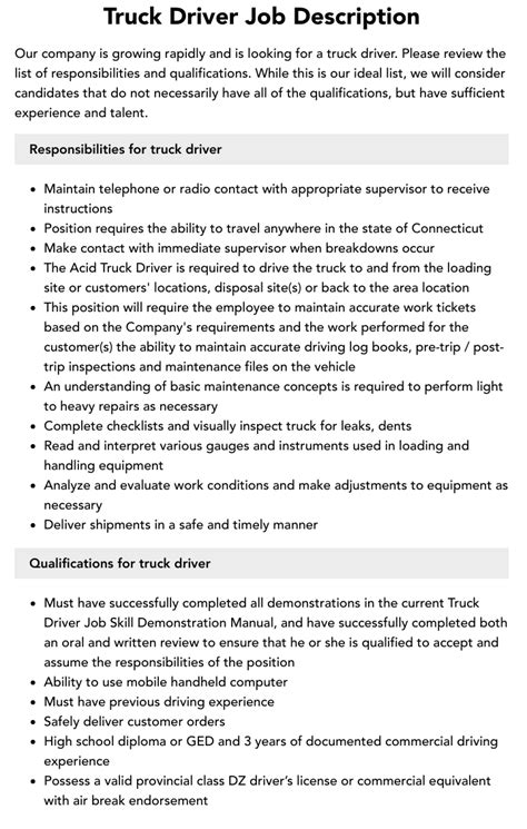 Truck Driver Job Description